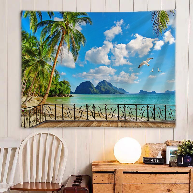 Window Landscape Wall Tapestry Art Decor Blanket Curtain Picnic Tablecloth Hanging Home Bedroom Living Room Dorm Decoration Polyester Sea Ocean Beach Palm Animal4