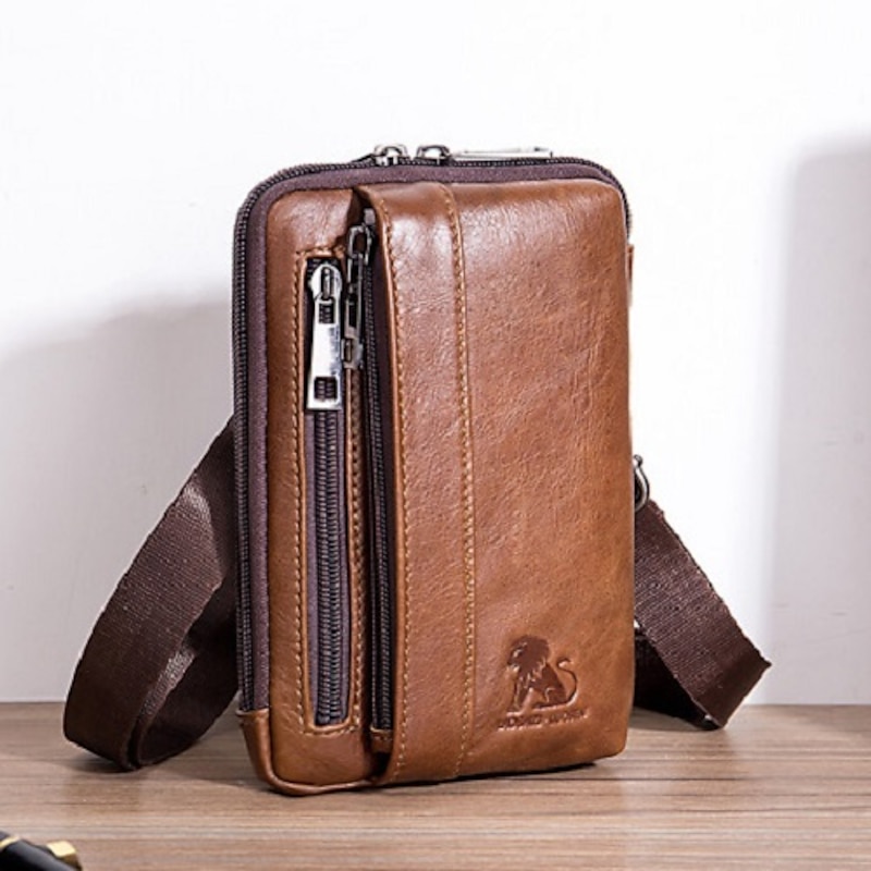 Sleek Brown Leather Vertical Sling Bag - Compact Men's Crossbody Bag with Multiple Zippered Pockets, Ideal for Daily Use and Travel