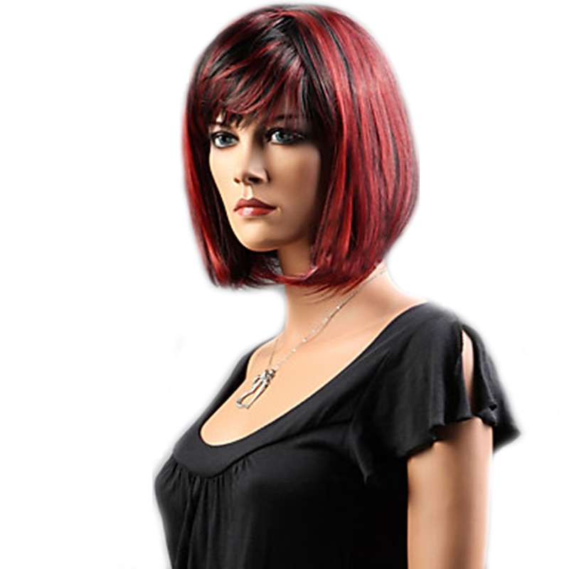Cosplay Costume Wig Synthetic Wig Straight Bob Neat Bang With Bangs Wig Short Black Black / Red Rainbow Synthetic Hair 12 inch Women's Women Synthetic Sexy Lady Black Mixed Halloween Wigs