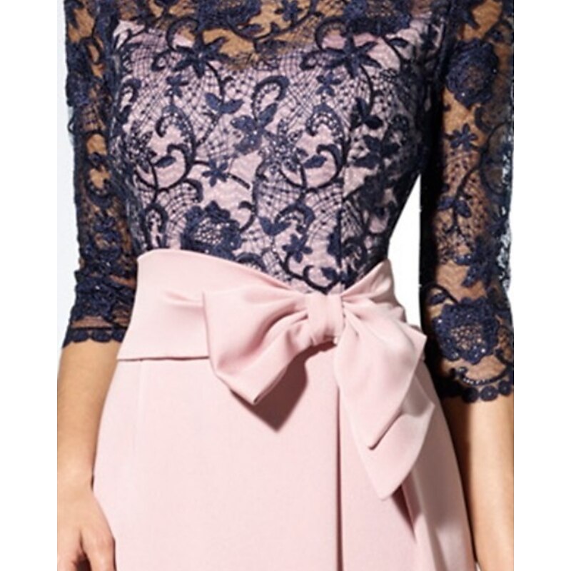 Sheath Mother of the Bride Dress Wedding Guest Elegant Jewel Neck Floor Length Satin Lace 3/4 Length Sleeve with Bow(s)3