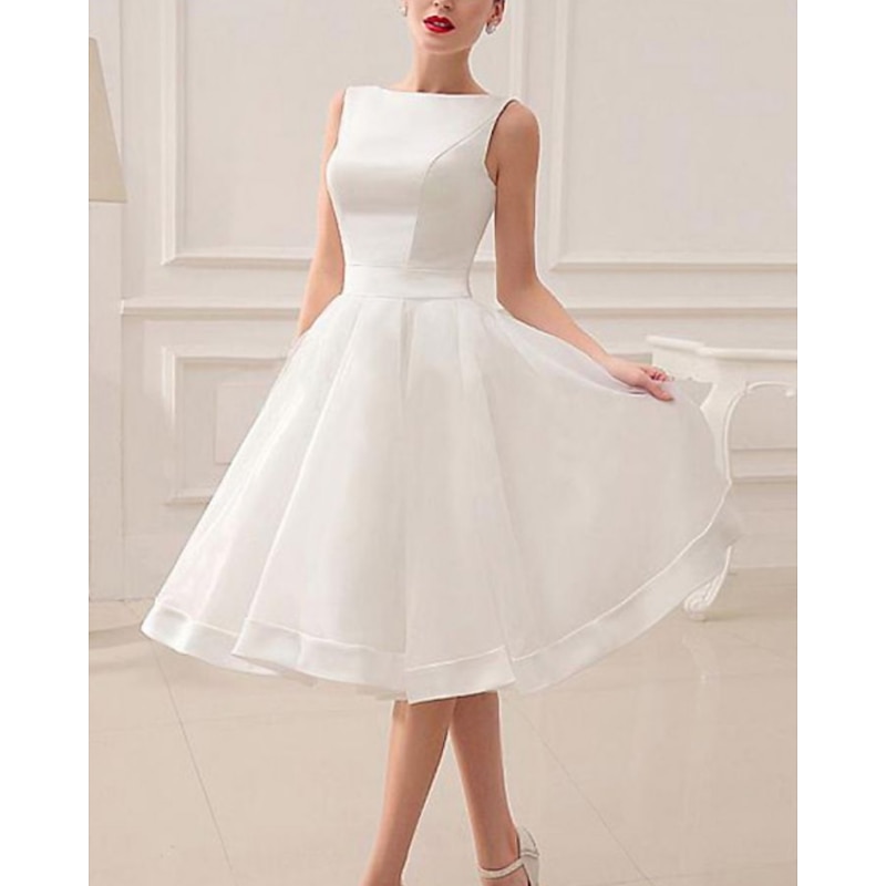 Reception Vintage 1940s / 1950s Little White Dress Bridal Shower Dresses Wedding Dresses A-Line Scoop Neck Sleeveless Knee Length Satin Bridal Gowns With Bow(s)