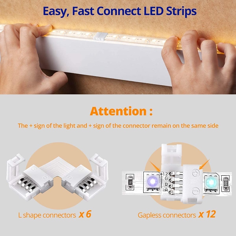 LED Light Strip Connectors 10mm Unwired 4 Pin RGB LED Lights Connectors kit 12 Gapless Connectors 6 L Shape Connectors for SMD 5050 Multicolor LED Strip 5V-24V4