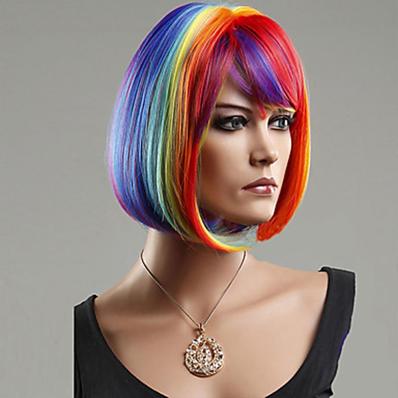 Cosplay Costume Wig Synthetic Wig Straight Bob Neat Bang With Bangs Wig Short Black Black / Red Rainbow Synthetic Hair 12 inch Women's Women Synthetic Sexy Lady Black Mixed Halloween Wigs3