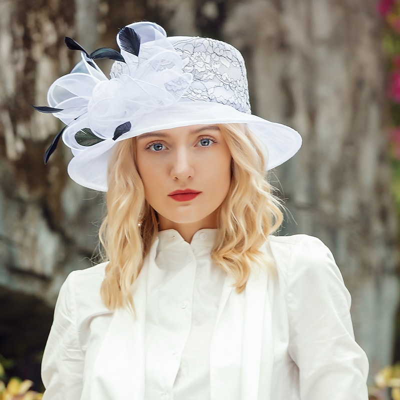 Hats Organza Bucket Hat Wedding Party / Evening Melbourne Cup Cocktail Royal Astcot Headwear Elegant With Feather Bowknot Headpiece Headwear