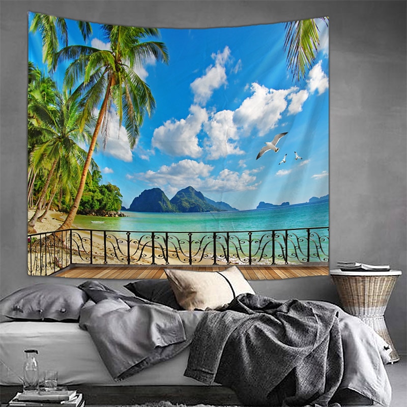 Window Landscape Wall Tapestry Art Decor Blanket Curtain Picnic Tablecloth Hanging Home Bedroom Living Room Dorm Decoration Polyester Sea Ocean Beach Palm Animal2