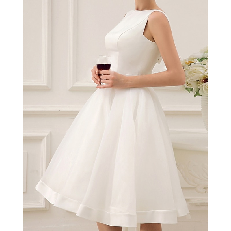 Reception Vintage 1940s / 1950s Little White Dress Bridal Shower Dresses Wedding Dresses A-Line Scoop Neck Sleeveless Knee Length Satin Bridal Gowns With Bow(s)3