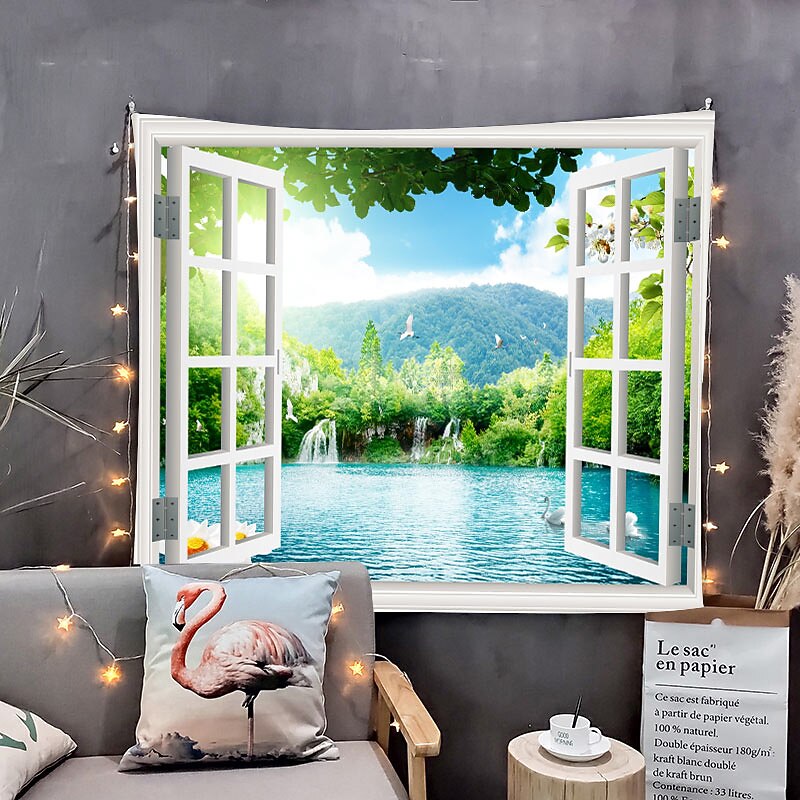 Window Landscape Wall Tapestry Art Decor Blanket Curtain Picnic Tablecloth Hanging Home Bedroom Living Room Dorm Decoration Polyester Lake Rive Forest Mountain2