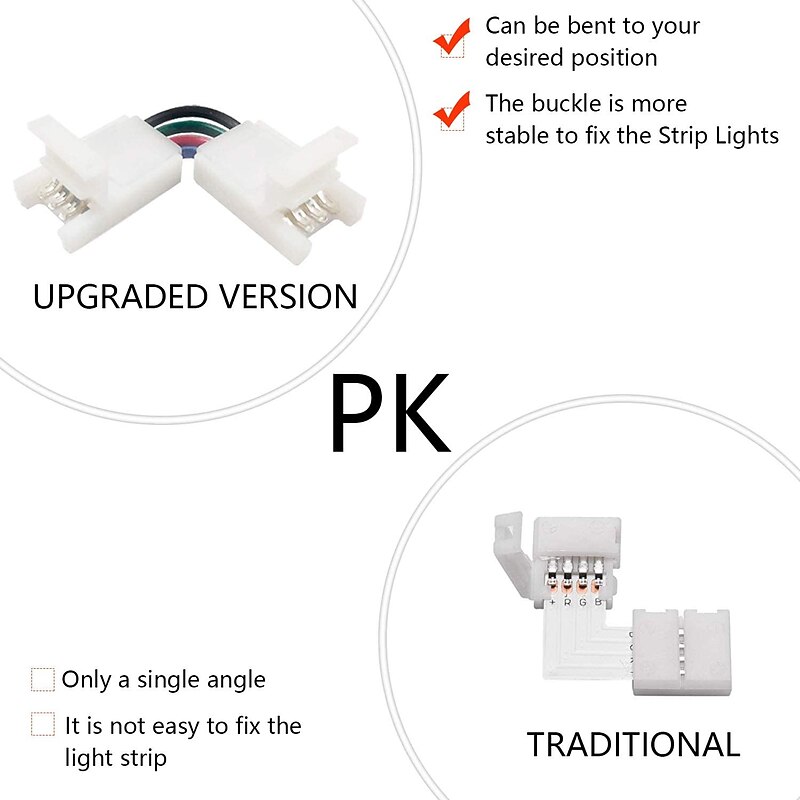 4pcs L Shape 4-pin Connectors Angle Adjustable(90-180 Degrees) LED Strip Connectors for 10mm Width 5050 RGB LED Strip Lights DC5-36V3