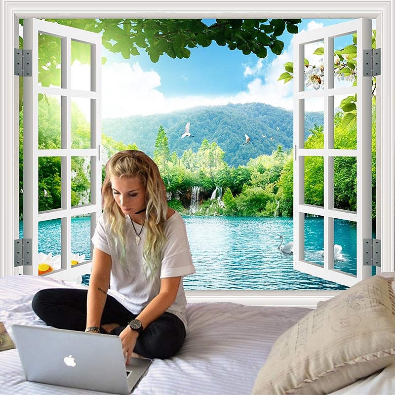 Window Landscape Wall Tapestry Art Decor Blanket Curtain Picnic Tablecloth Hanging Home Bedroom Living Room Dorm Decoration Polyester Lake Rive Forest Mountain3