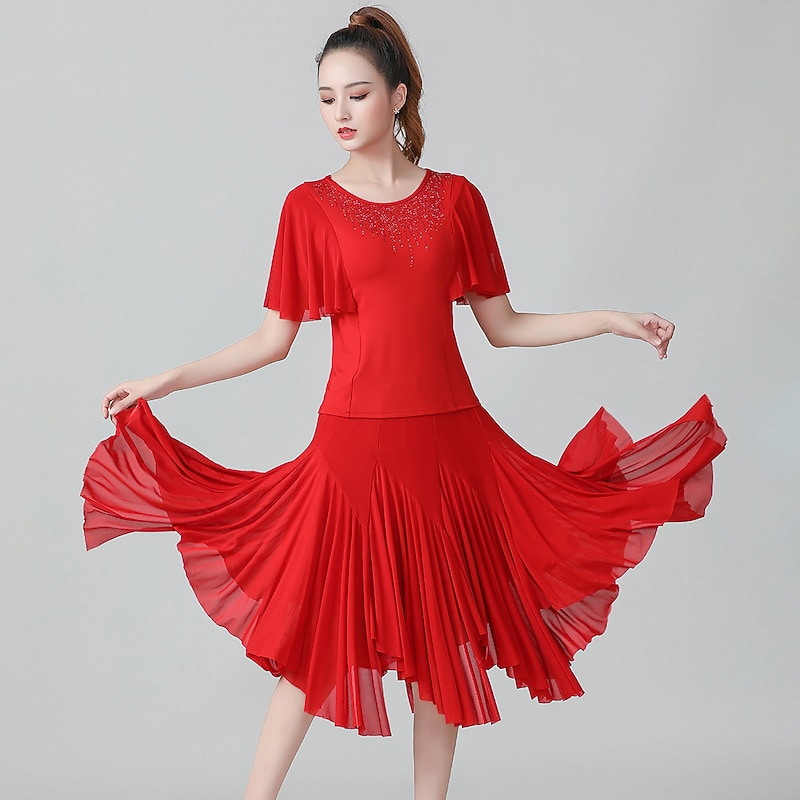 Latin Dance Skirts Cascading Ruffles Ruching Split Joint Women's Performance Training Short Sleeve Natural Polyester2