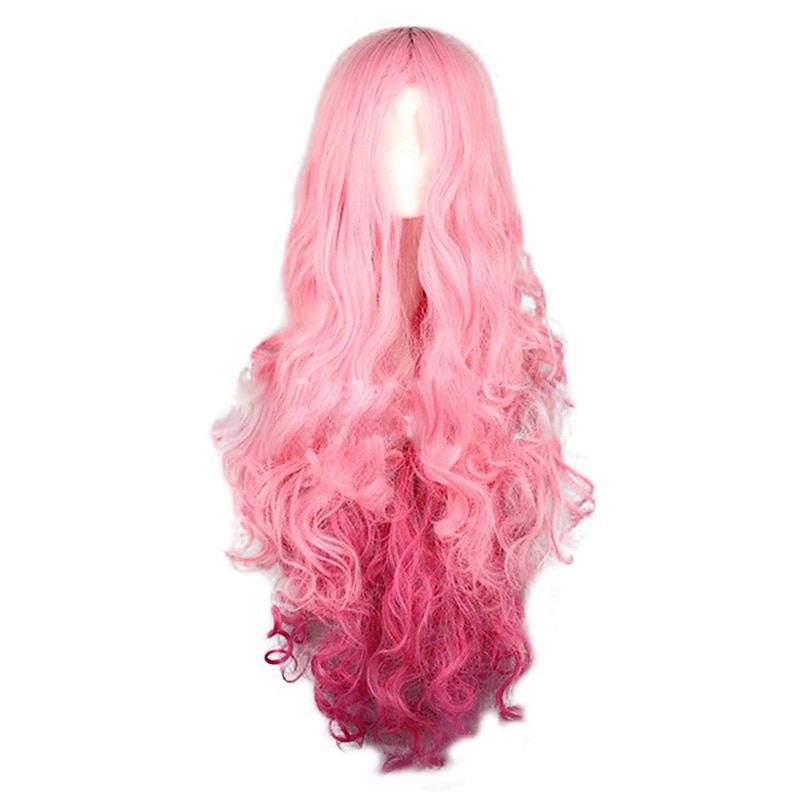 Cosplay Costume Wig Synthetic Wig Curly Middle Part Wig Long Pink+Red Synthetic Hair 28 inch Men's Party Pink Halloween Wigs