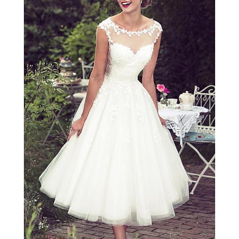 Bridal Shower Vintage 1940s / 1950s Little White Dress Bridal Shower Dresses Wedding Dresses A-Line Illusion Neck Sleeveless Tea Length Lace Bridal Go