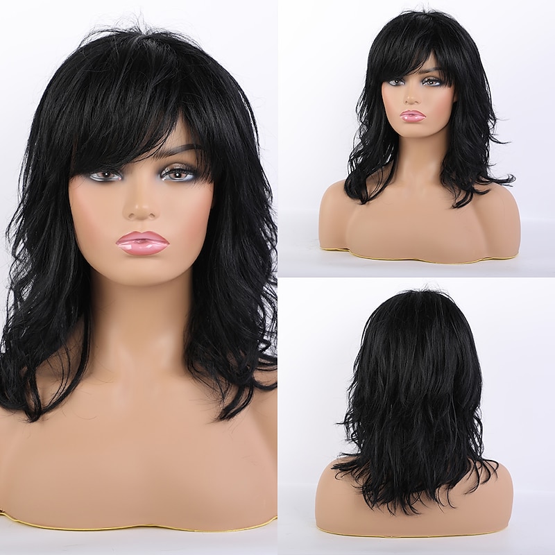 Remy Human Hair Wig Long Natural Wave Side Part Layered Haircut Asymmetrical With Bangs Black Women Fashion Natural Hairline Capless Women's All Natural Black #1B 16 inch2