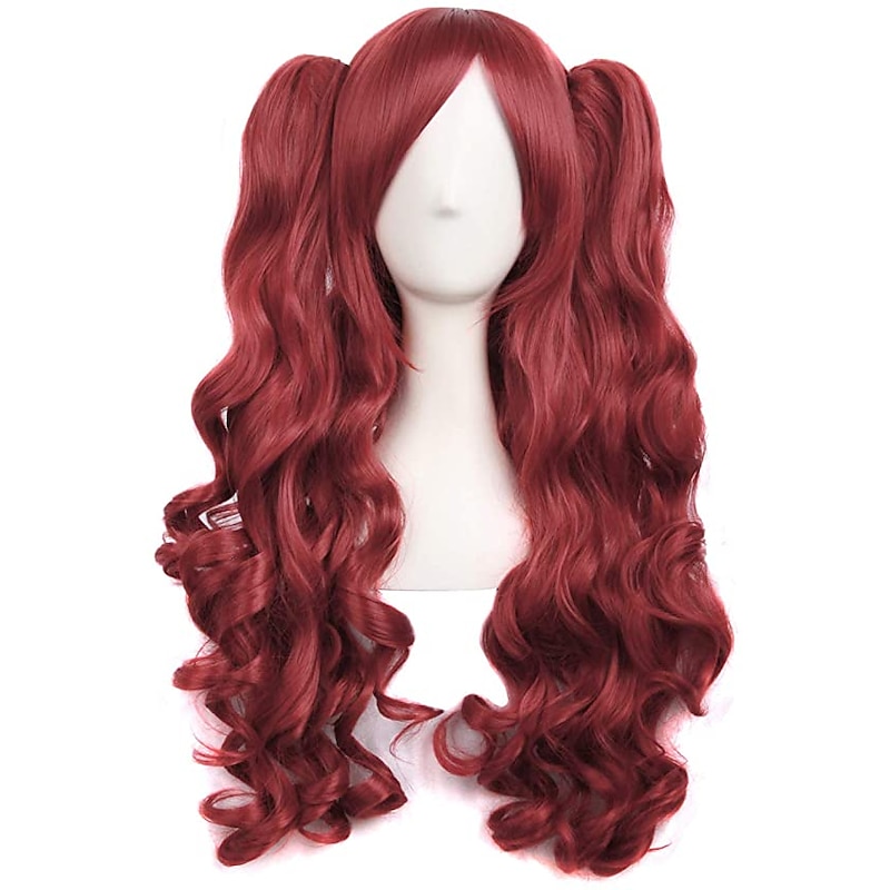 Ponytail Wig Synthetic Wig Curly Wavy With Bangs Wig Long Light golden Violet Pink Light Blonde Dark Brown Wine Red Synthetic Hair 28 inch Women's Anime Cosplay Creative Blue Purple Halloween Wigs2