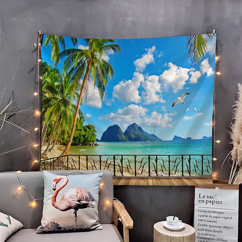 Window Landscape Wall Tapestry Art Decor Blanket Curtain Picnic Tablecloth Hanging Home Bedroom Living Room Dorm Decoration Polyester Sea Ocean Beach Palm Animal3