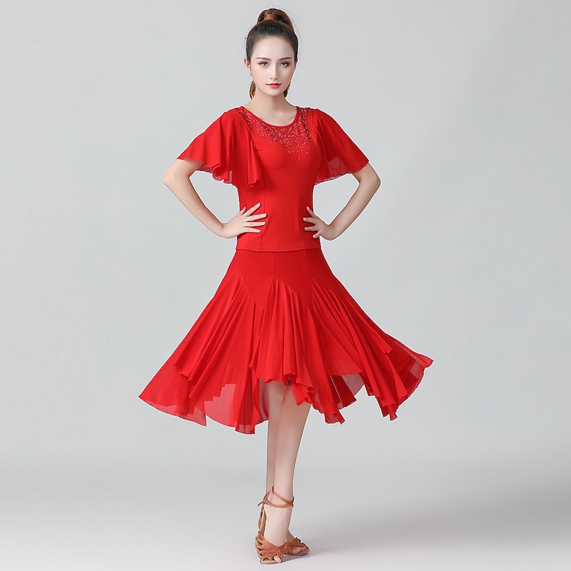 Latin Dance Skirts Cascading Ruffles Ruching Split Joint Women's Performance Training Short Sleeve Natural Polyester3