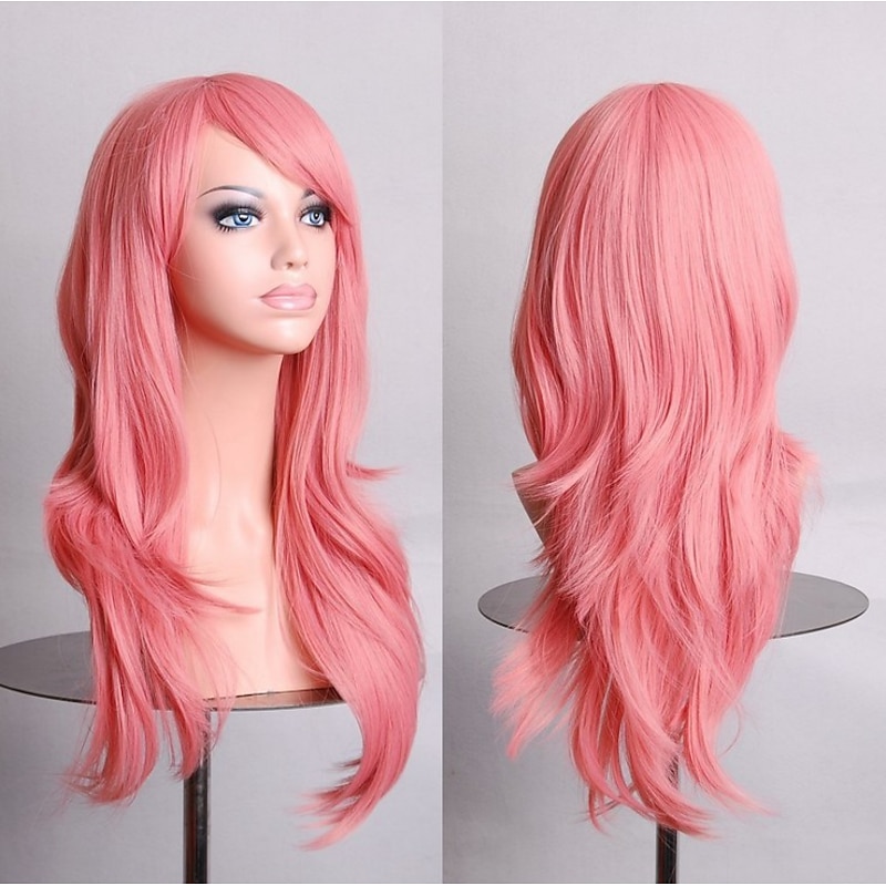Synthetic Wig Curly Natural Wave With Bangs Wig Long Light golden Silver grey Brown Blonde Pink Synthetic Hair 28 inch Women's Anime Cute Party Red Blue Halloween Wigs3