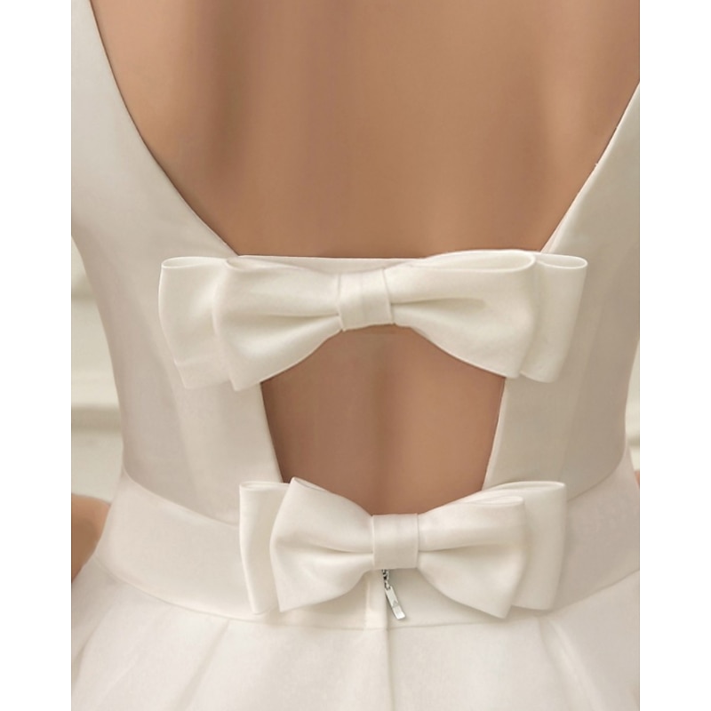 Reception Vintage 1940s / 1950s Little White Dress Bridal Shower Dresses Wedding Dresses A-Line Scoop Neck Sleeveless Knee Length Satin Bridal Gowns With Bow(s)4