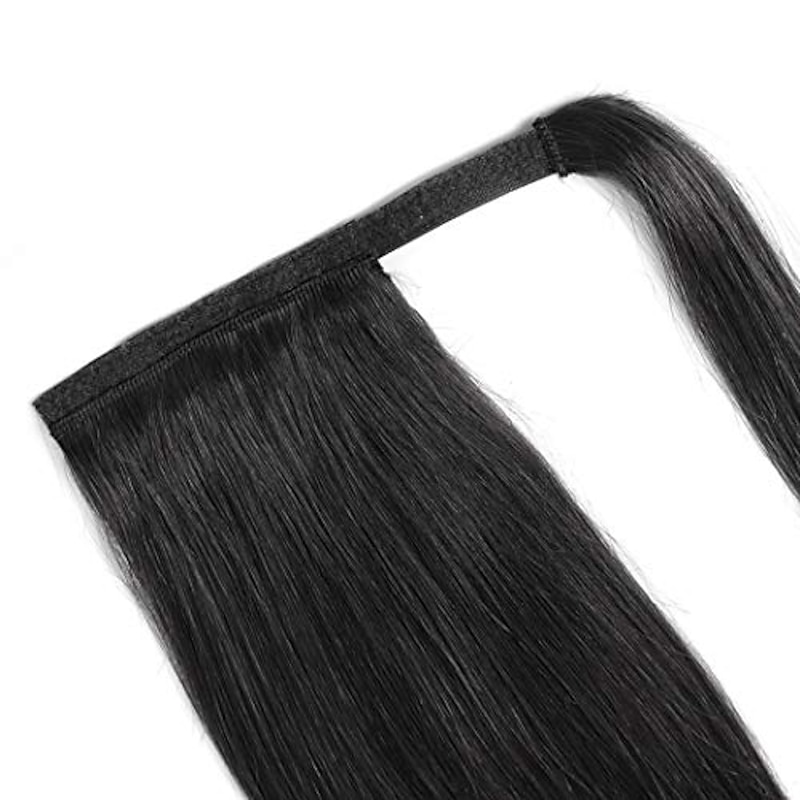 ponytail extensions real human hair clip in 16 inches 65g jet black color straight drawstring warp around ponytail hair piece remy human hair for women3