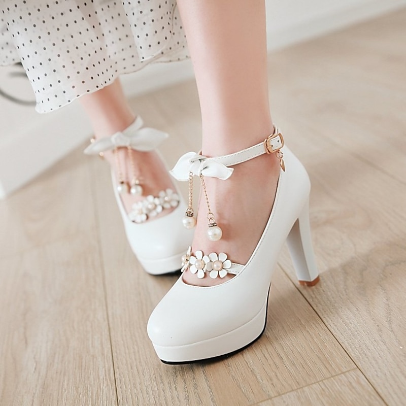 Girls' White Platform Mary Jane Heels – Elegant Wedding Shoes with Floral Pearl Ankle Straps and Bow Detail for Flower Girl & Special Occasions2