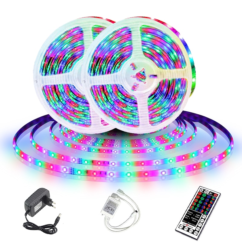 LED Strip Lights (2x5M)10M 32.8ft 2835 RGB 600LEDs 8mm Strips Lighting Flexible Color Changing with 44 Key IR Remote Ideal for Home Kitchen Christmas TV Back Lights DC 12V2