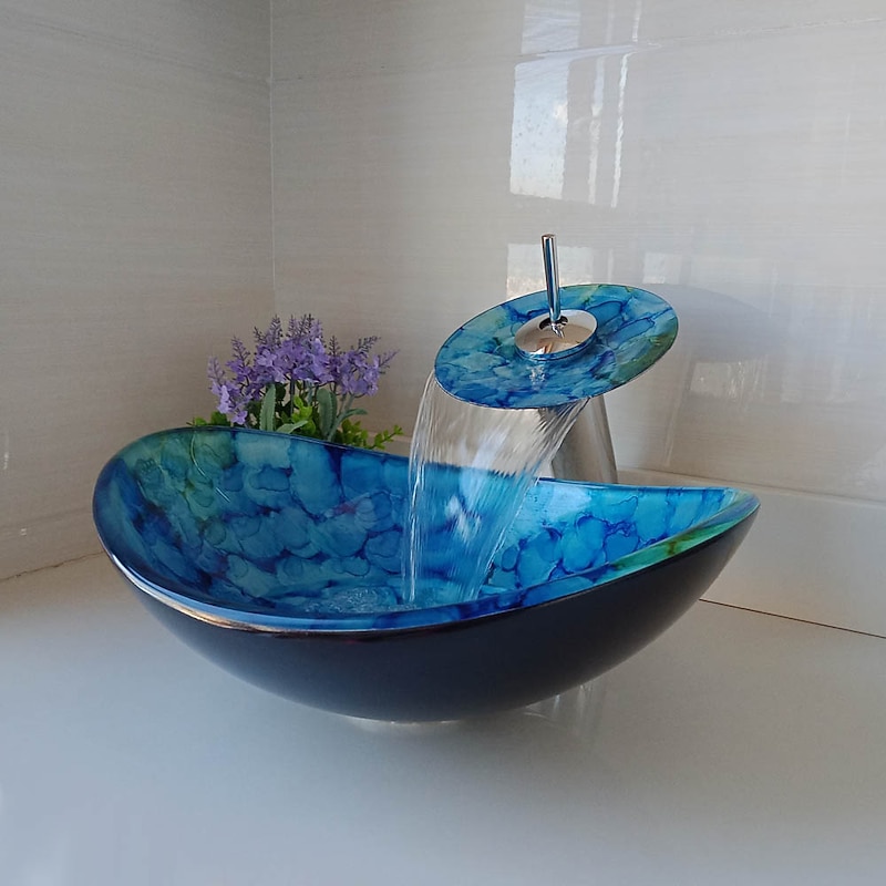 Bathroom Vessel Sink Set Rectangular 16"x13", Sink Mixer Faucet and Drain Combo with Pop-up Drain, Boat Shape Color Tempered Glass Artistic Vessel Vanity Sink Bowl, Above Counter Sink Art Wash Basin2