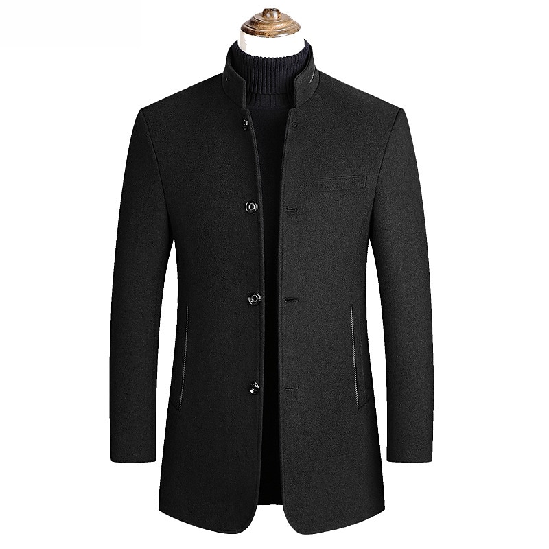 Men's Winter Coat Wool Coat Overcoat Blazer Short Coat Office Work Fall & Winter Wool Windproof Warm Outerwear Clothing Apparel Basic Chic & Modern Solid Colored Stand Collar4