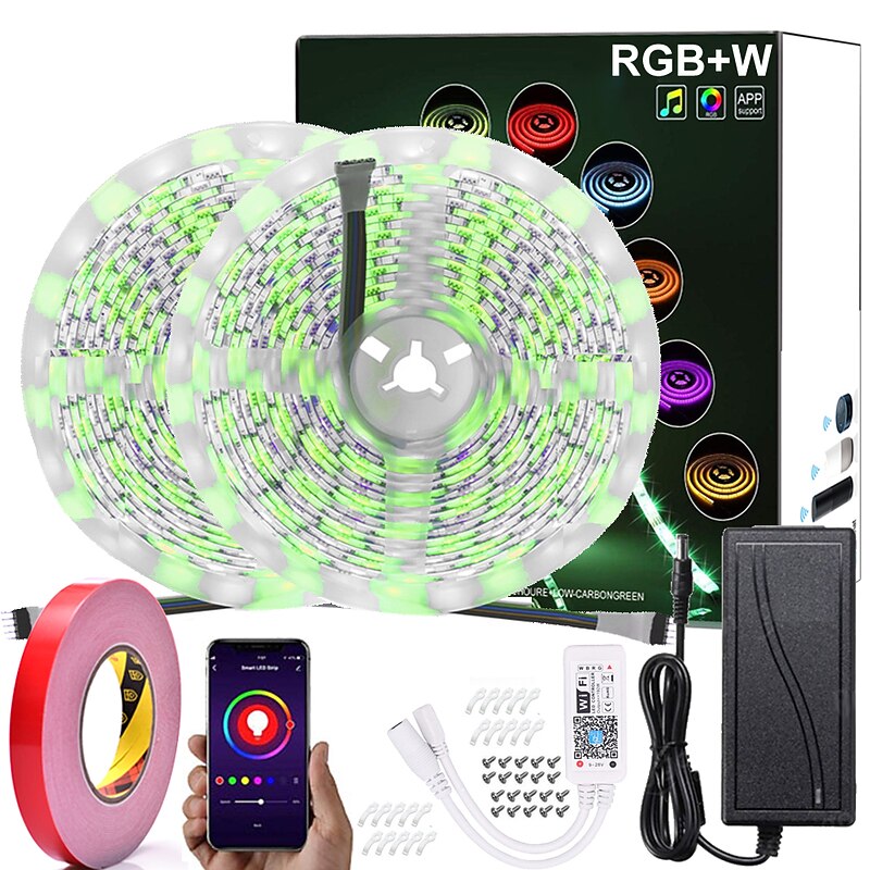 Smart LED Strip Light 32.8ft 10m(2x5m) RGB+White WIFI APP 300LEDs 5050SMD Work with Alexa Google with WIFI Remote Controller
