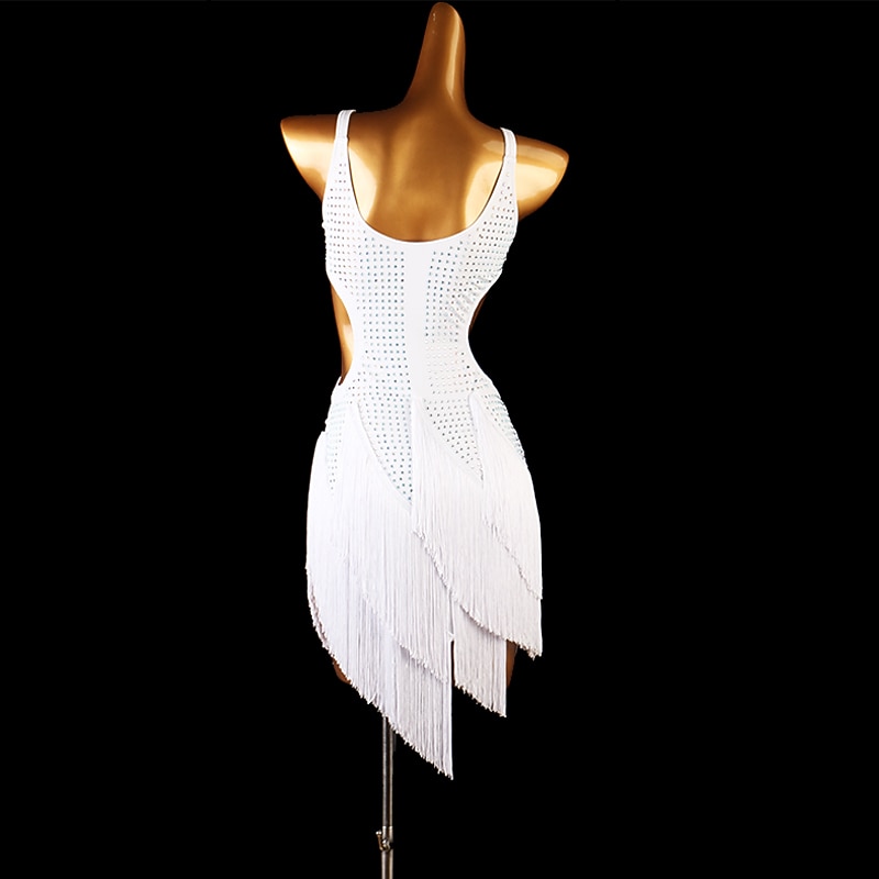 Dance Salsa Latin Dance Dress Pearls Fringed Tassel Crystals / Rhinestones Women's Training Performance Sleeveless High Spandex3