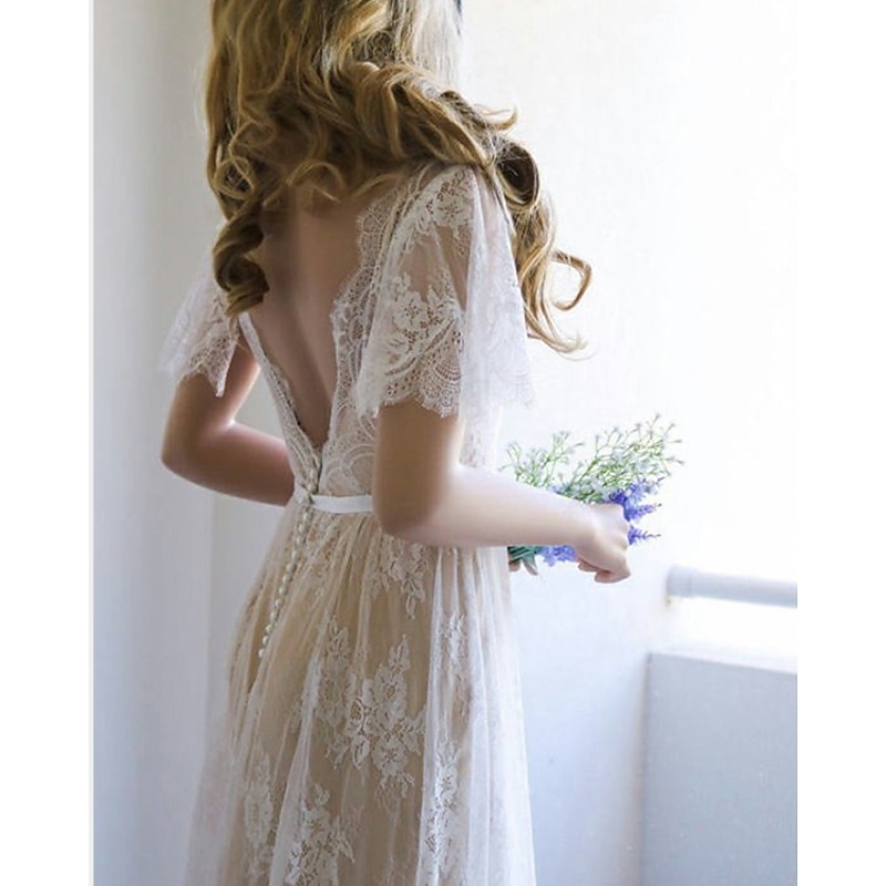 Beach Wedding Beach Sexy Wedding Dresses in Color Boho Wedding Dresses A-Line V Neck Short Sleeve Sweep / Brush Train Lace Bridal Gowns With Sashes / Ribbons Sash / Ribbon3