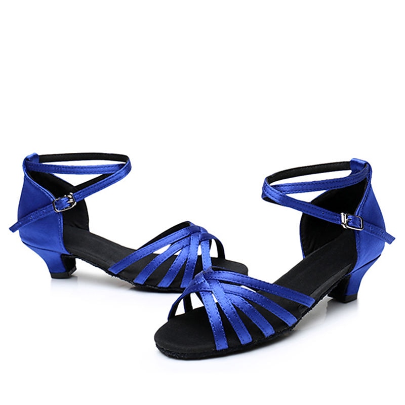 Women's Blue Satin Latin Dance Shoes – Open-Toe Low Heel Ballroom Sandals with Ankle Strap for Practice & Performance2