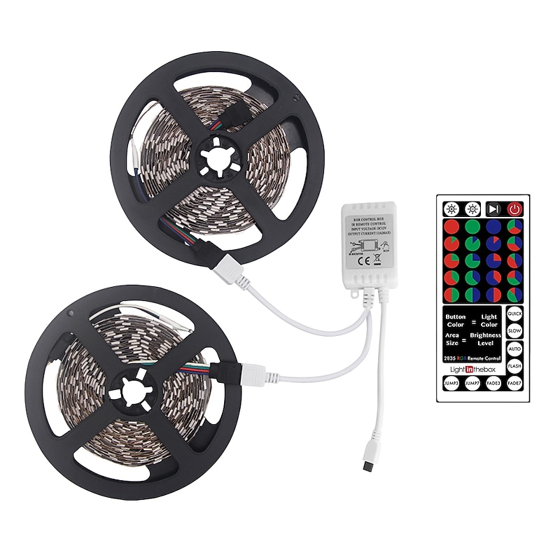 (2x5M)10M 32.8ft LED Light Strips RGB TV Backlight Bedroom Kitchen Christmas DIY Decor 2835 600SMD Color Changing with 44 Key IR Remote Home Kitchen DC 12V3