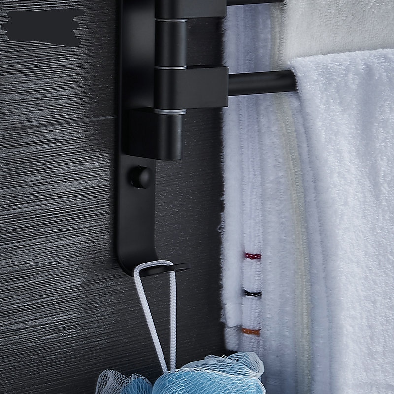 Matte Black Towel Bar with Hook,Self Adhesive Wall Mounted Swing Arm Contemporary Aluminum Multi Rods Towel Bar 1PC4