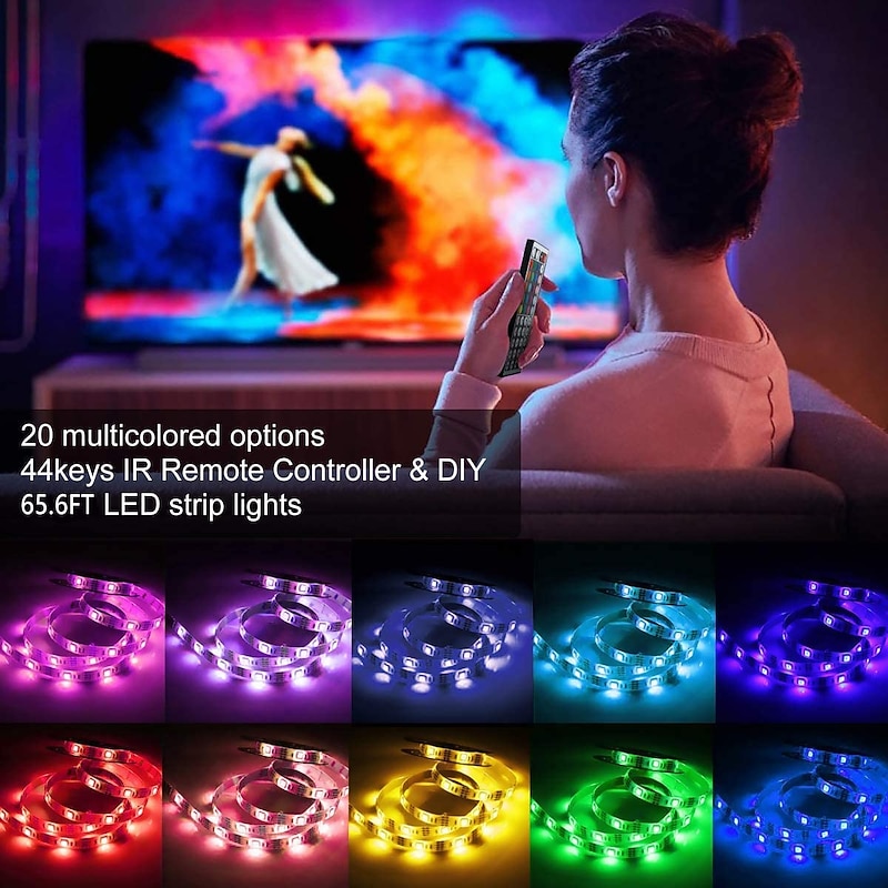 RGB LED Strip Lights Set Dimmable 20m 65.6ft Tiktok Lights 600 LEDs 5050 SMD 10mm Remote Control RC Cuttable Linkable Suitable for Vehicles Self-adhesive Color-Changing IP443