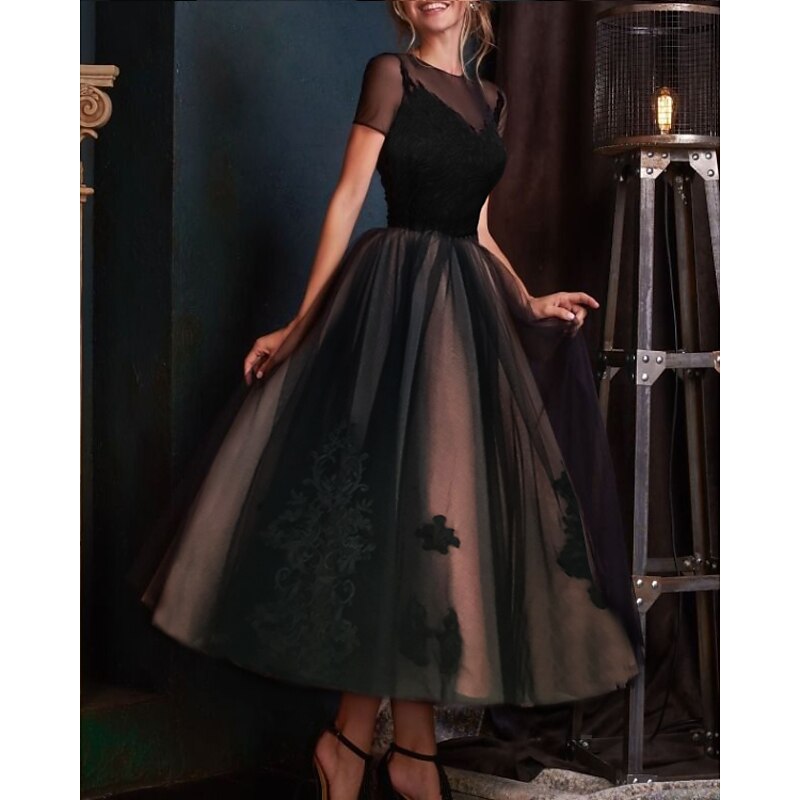 A-Line Evening Gown Elegant Dress Wedding Guest  Ankle Length Short Sleeve Illusion Neck Lace with Pleats Embroidery