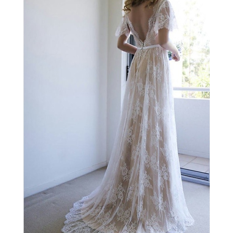 Beach Wedding Beach Sexy Wedding Dresses in Color Boho Wedding Dresses A-Line V Neck Short Sleeve Sweep / Brush Train Lace Bridal Gowns With Sashes / Ribbons Sash / Ribbon