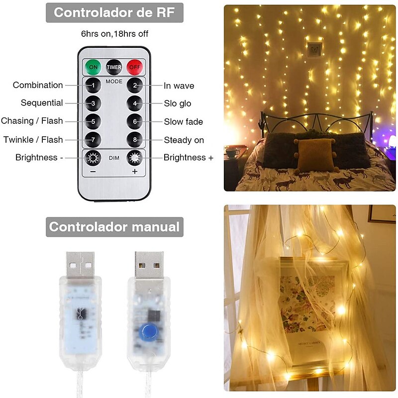 300 LEDs Curtain String Lights with Remote Control 3x3M Christmas Décor Lights for Christmas New Year's Curtain Window Roof String Lights4