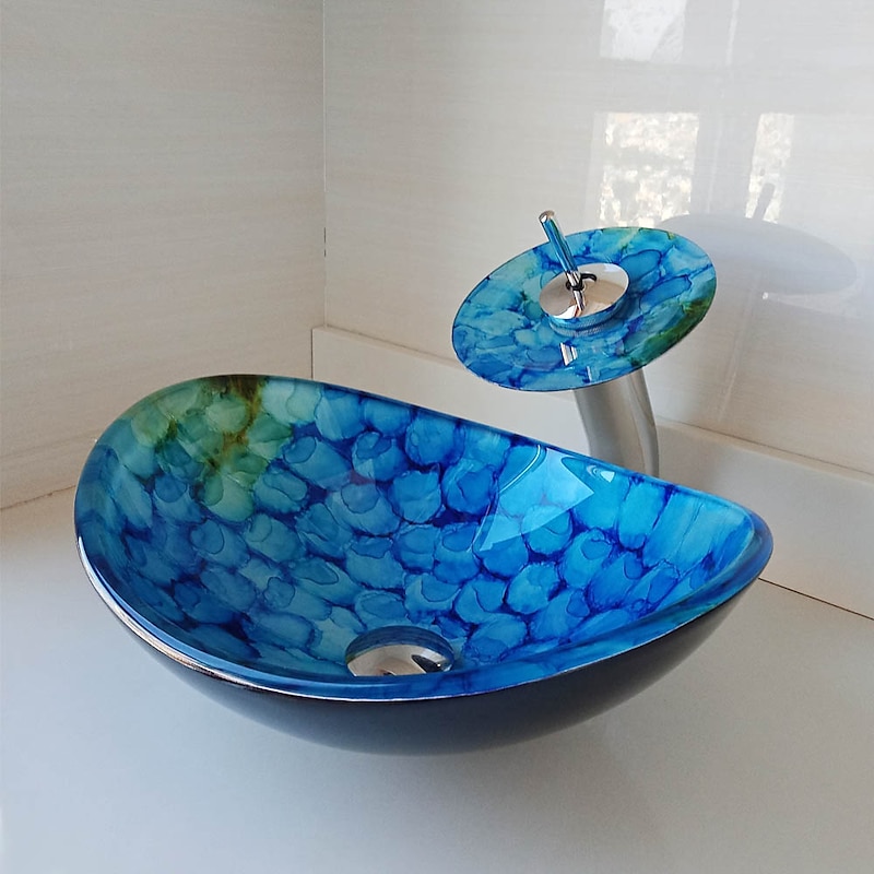 Bathroom Vessel Sink Set Rectangular 16"x13", Sink Mixer Faucet and Drain Combo with Pop-up Drain, Boat Shape Color Tempered Glass Artistic Vessel Vanity Sink Bowl, Above Counter Sink Art Wash Basin4