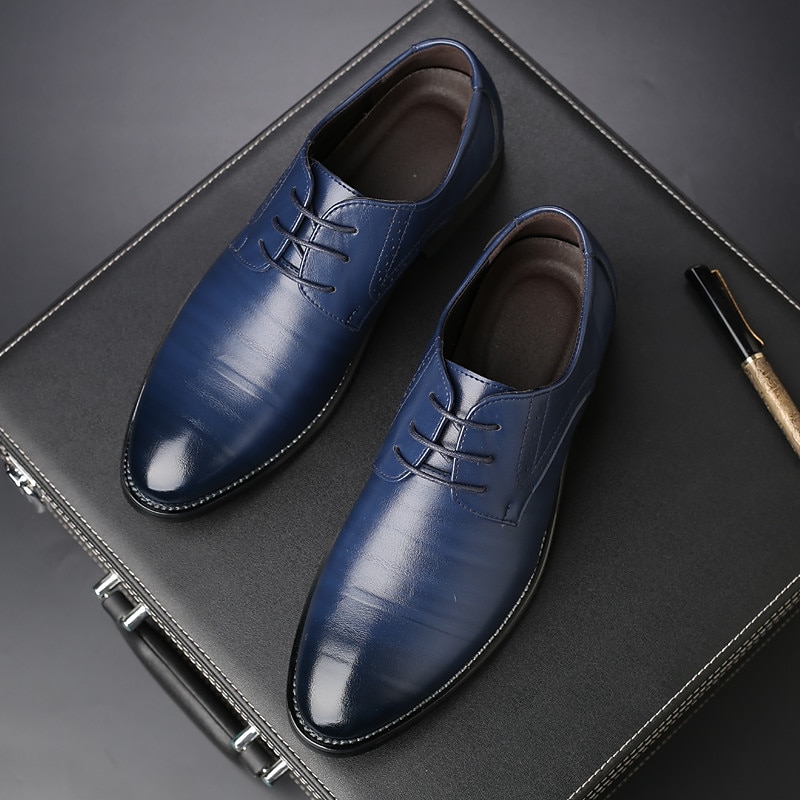 Men's Navy Blue Faux Leather Oxford Shoes – Stylish Lace-Up Design for Business and Formal Wear - Main Image