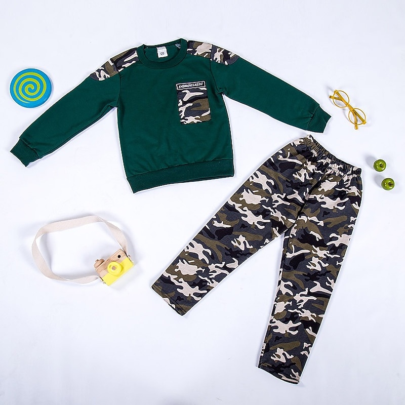 Boys 3D Color Block Print Camouflage Sweatshirt & Sweatpants Set Pants Set Clothing Set Long Sleeve Basic Casual Toddler 3-12 Years School Sports Outdoor Slim3