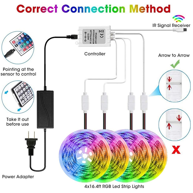 RGB LED Strip Lights Set Dimmable 20m 65.6ft Tiktok Lights 600 LEDs 5050 SMD 10mm Remote Control RC Cuttable Linkable Suitable for Vehicles Self-adhesive Color-Changing IP444