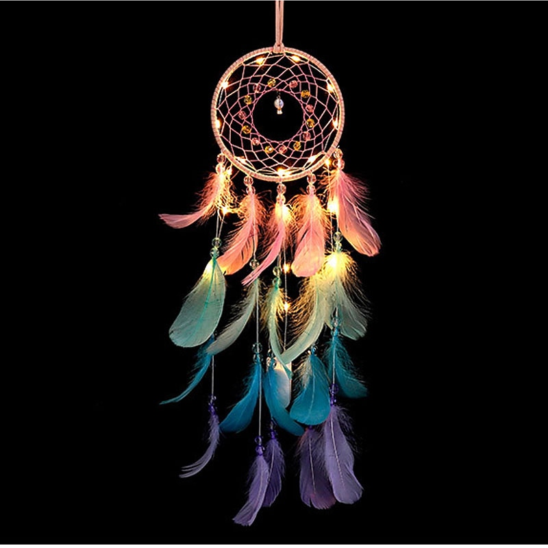 LED Dream Catcher Colors Feather Chandelier Ornaments Gift Handmade Indian Wall Decoration for Bedroom Home Decor