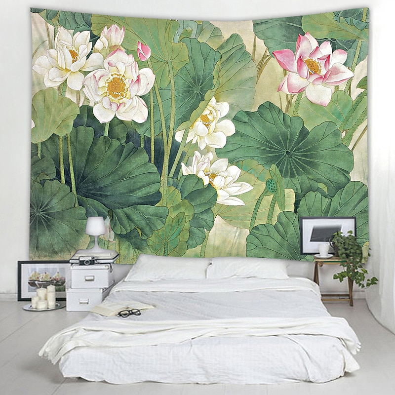 Chinese Ink Painting Style Wall Tapestry Art Decor Blanket Curtain Hanging Home Bedroom Living Room Decoration Lotus Plant Flower Floral4