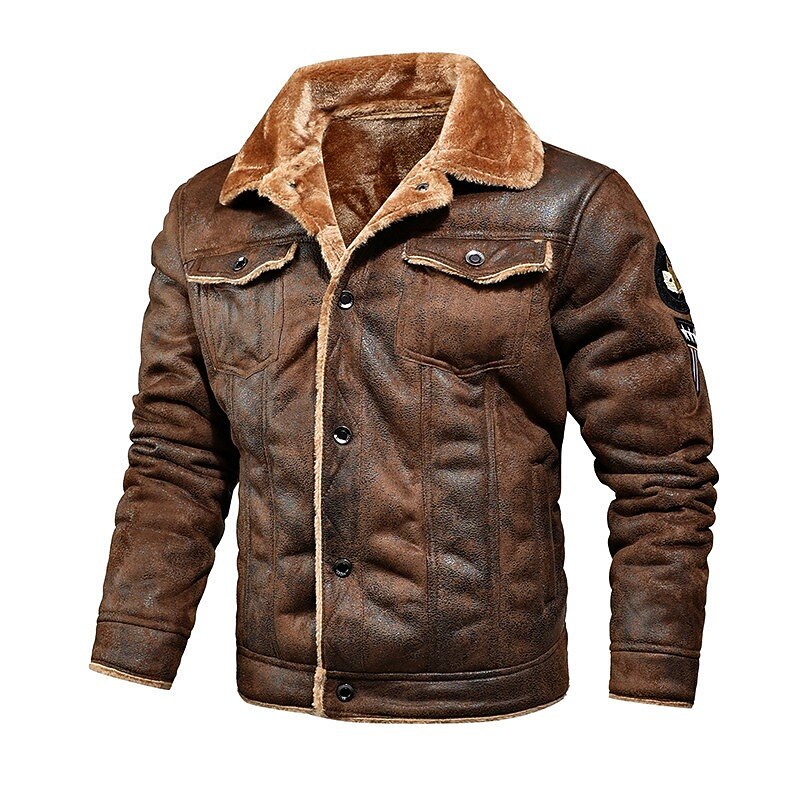 Men's Faux Leather Jacket Sherpa Jacket Brown Suede Jacket Daily Thermal Warm Rain Waterproof Embroidered Solid Colored Casual Turndown Regular Regular Fit Black Brown Khaki Jacket - Main Image