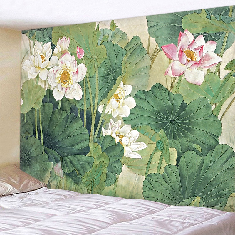 Chinese Ink Painting Style Wall Tapestry Art Decor Blanket Curtain Hanging Home Bedroom Living Room Decoration Lotus Plant Flower Floral2