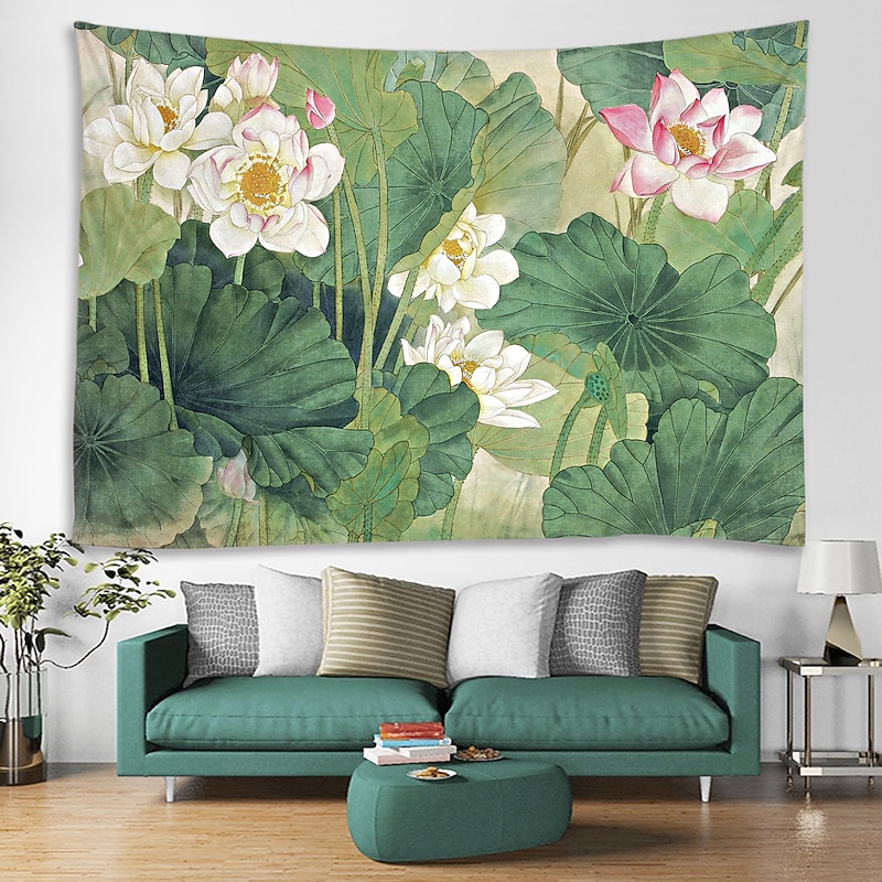 Chinese Ink Painting Style Wall Tapestry Art Decor Blanket Curtain Hanging Home Bedroom Living Room Decoration Lotus Plant Flower Floral3