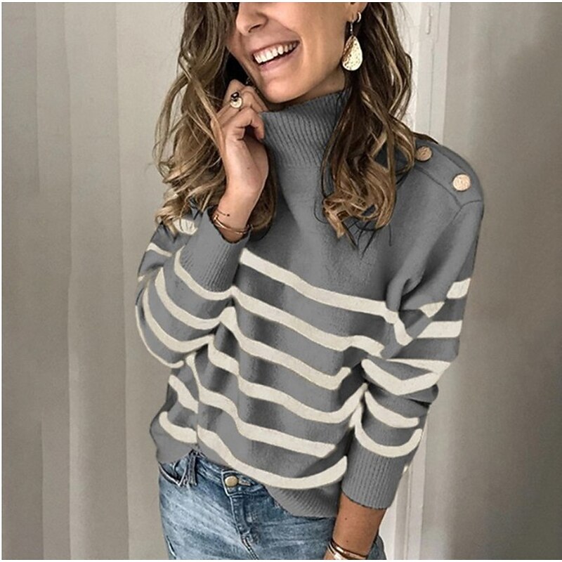 Women's Pullover Sweater Jumper Basic Casual Striped Turtleneck Buttons Long Sleeve Knit Daily Going out Black Khaki Fall Winter4