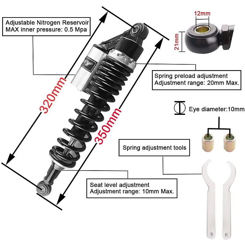 2Pcs Universal 320mm 12.5inch Motorcycle Rear Shock Absorber Suspension Air Shock Absorbers For Honda/Yamaha/Suzuki/Kawasaki For Motor Scooter ATV Quad Dirt Bike4