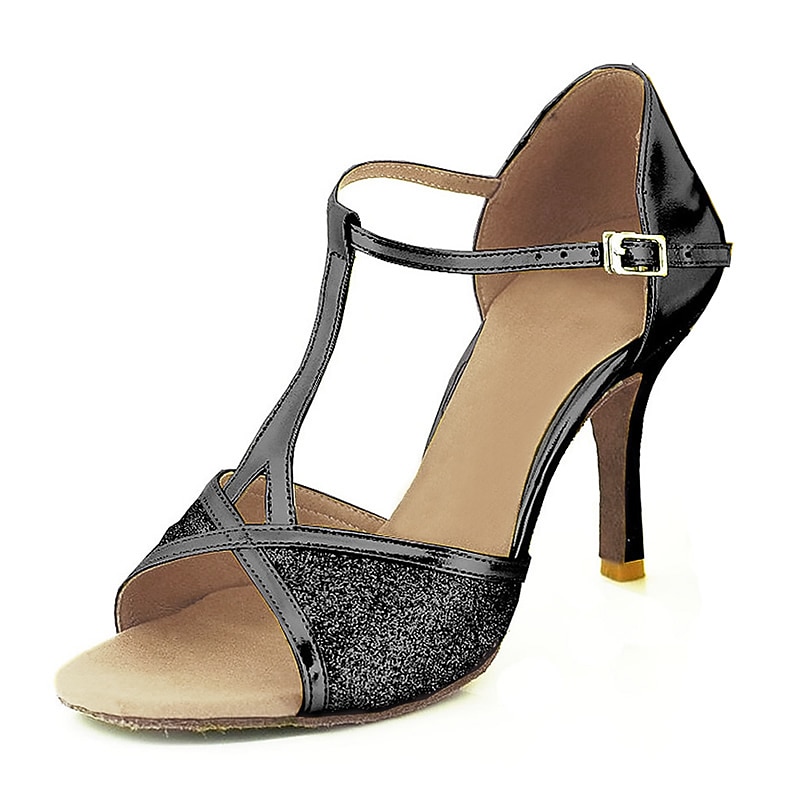 Women's Latin Dance Shoes Salsa Shoes Performance Indoor Sparkling Shoes Sandal Glitter Buckle T-Strap Black Red Silver3