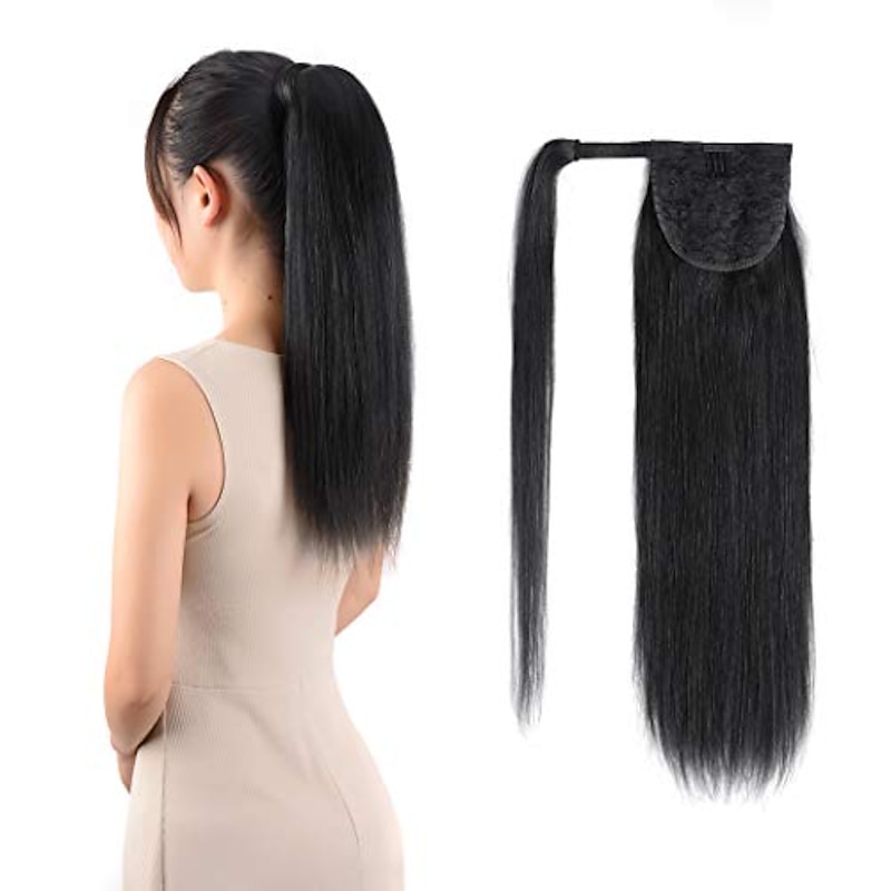 ponytail extensions real human hair clip in 16 inches 65g jet black color straight drawstring warp around ponytail hair piece remy human hair for women